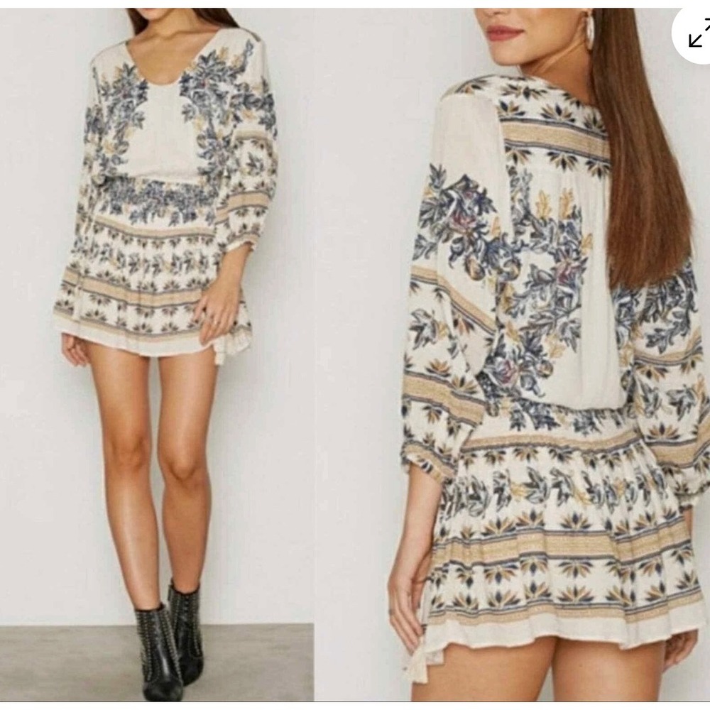 Free People Floral Print‎ Smocked Waist Boho Romper Ivory Blue Mustard Medium